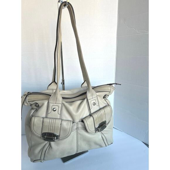 B. Makowsky Cream Off White Pebble Leather Brown Stitching Hobo XL Shoulder Bag - Picture 2 of 14